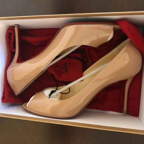 Christian Louboutin Shoes - Christian Louboutin "Yootish" 85 Nude Patent Peeptoe Pump - Size 10 (40)
